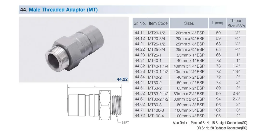 SecureAir male threaded adaptor MT photo and drawing