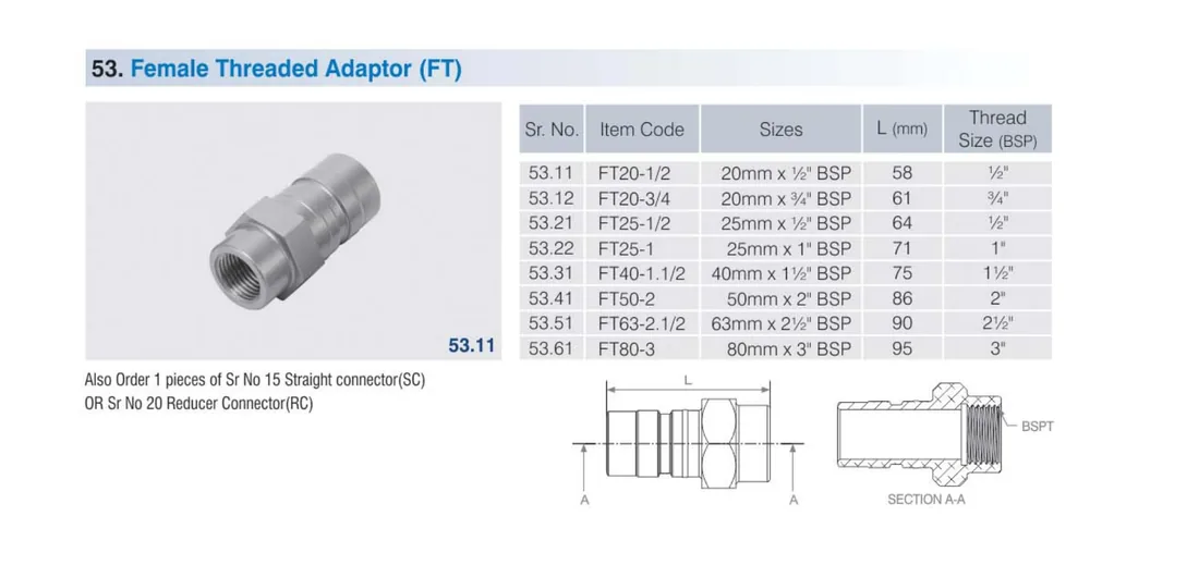 SecureAir female threaded adaptor FT photo and drawing