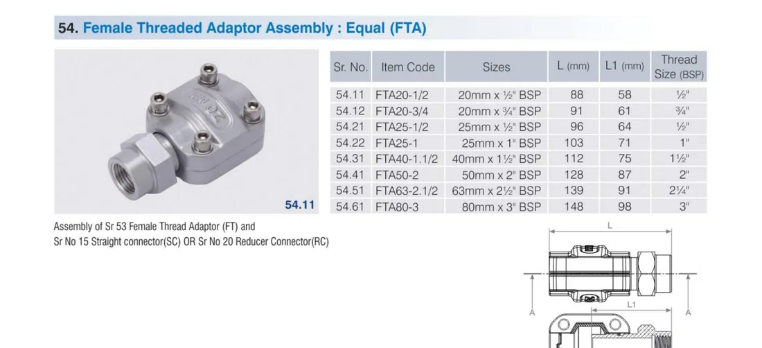 SecureAir female threaded adaptor assembly FTA photo and drawing